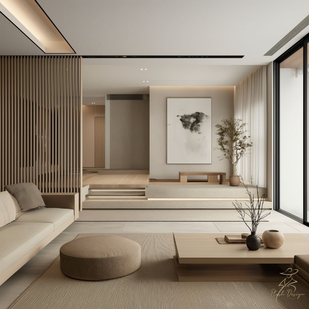 Living de casa modernista com decoração minimalista em cores de madeira, brando e detalhes de c...