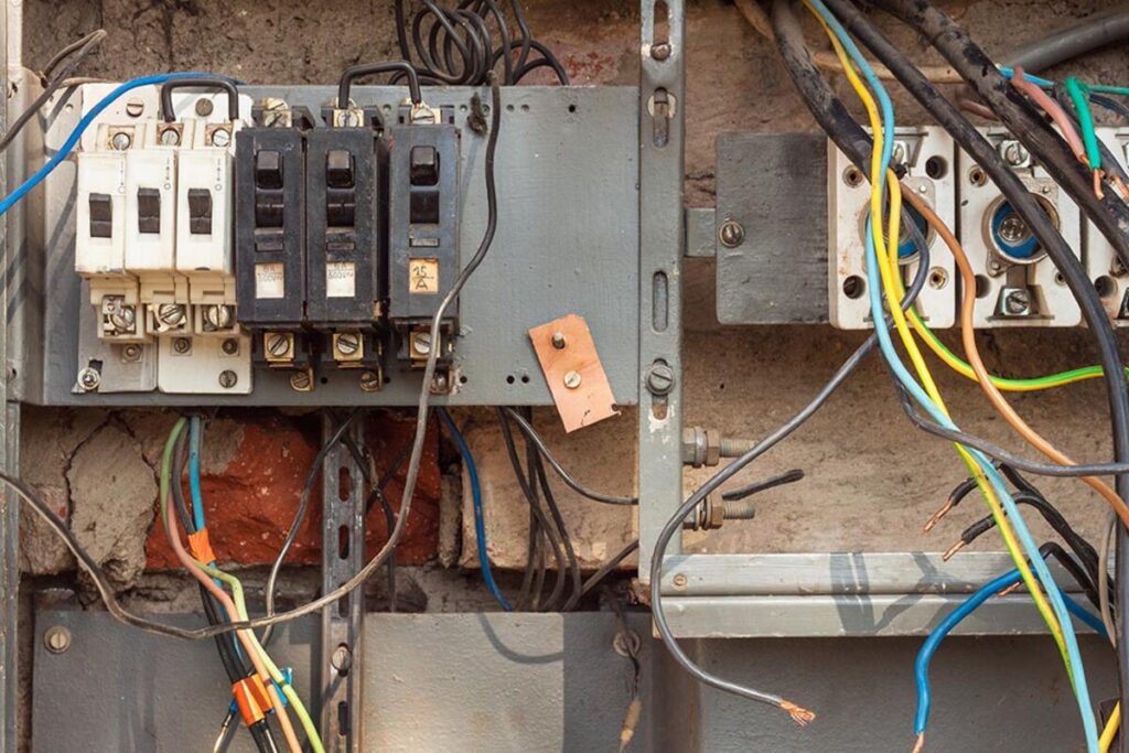 Quadro de força elétrica antigo com fios rígidos e fiação desorganizada
