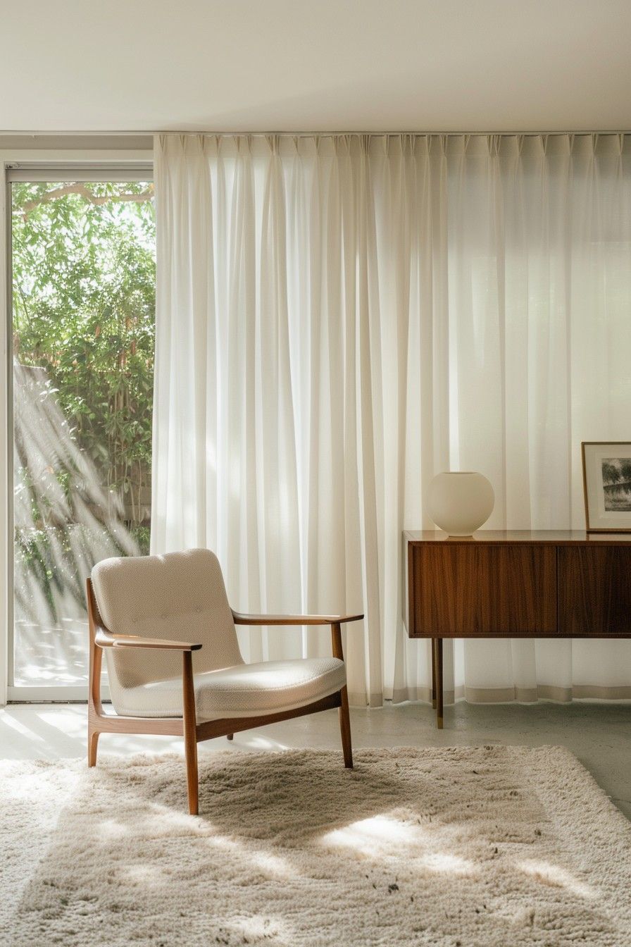 Sala com cortina voil e uma poltrona estilo minimalista com a luz entrando difusa